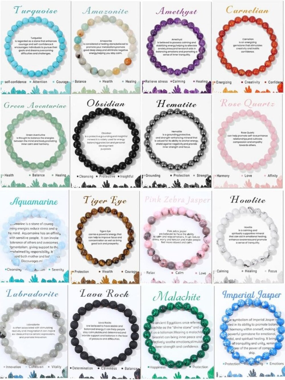 16PCS Natural Crystal Healing Bracelets for Women & Men - 8mm Gemstone Set